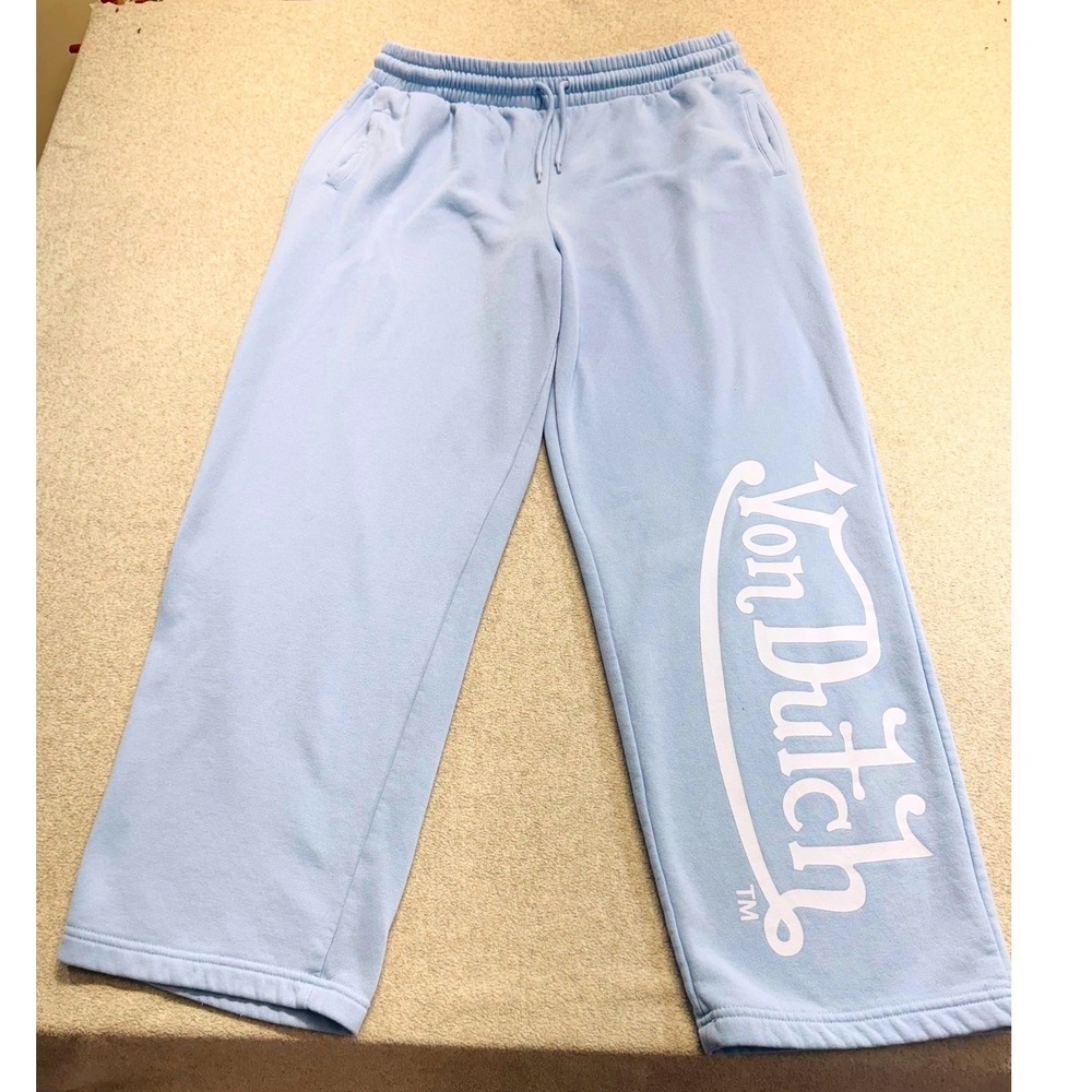 Von Dutch Sweatpants Womens XL Light Blue Y2K Fleece Joggers Relaxed Fit Retro